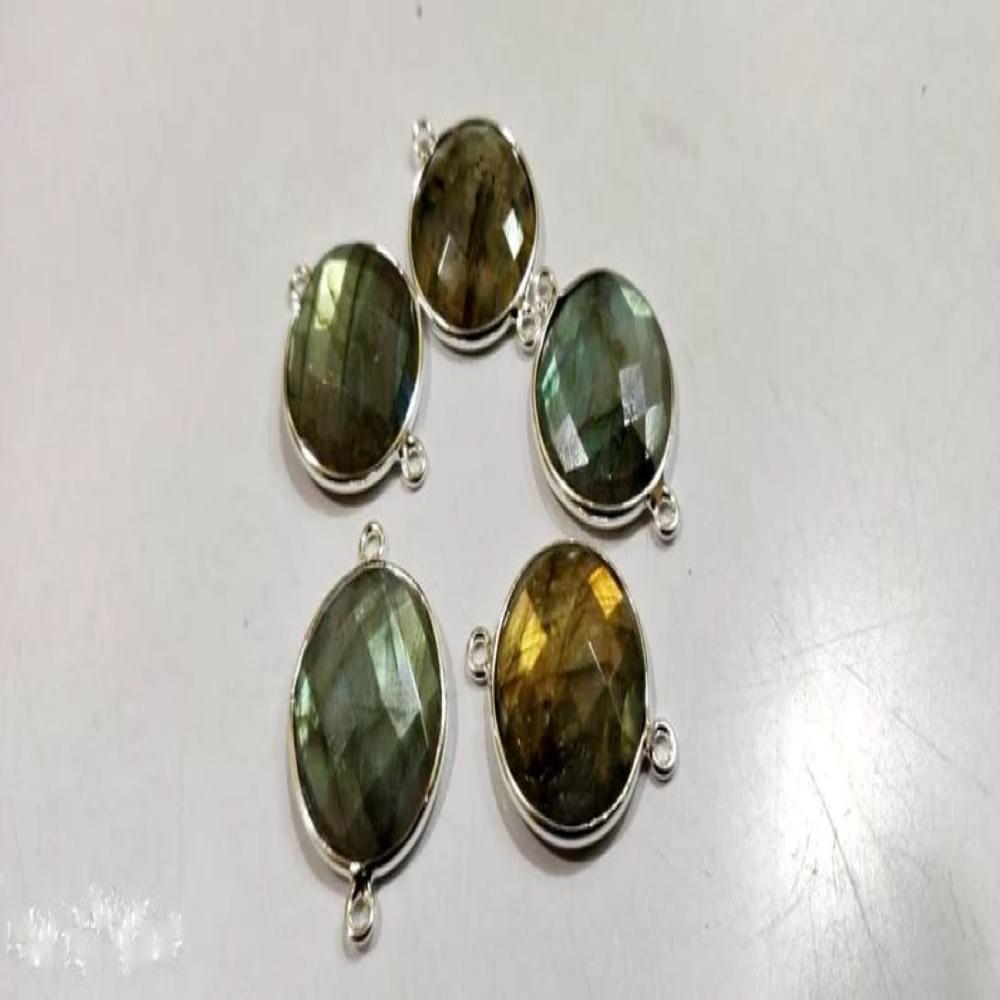 2 Pcs Set Natural Labradorite Round Coin Shape 19mm Briolette Connectors Gray Stone Double Loop Bezel Jewelry Making Bezel Connectors