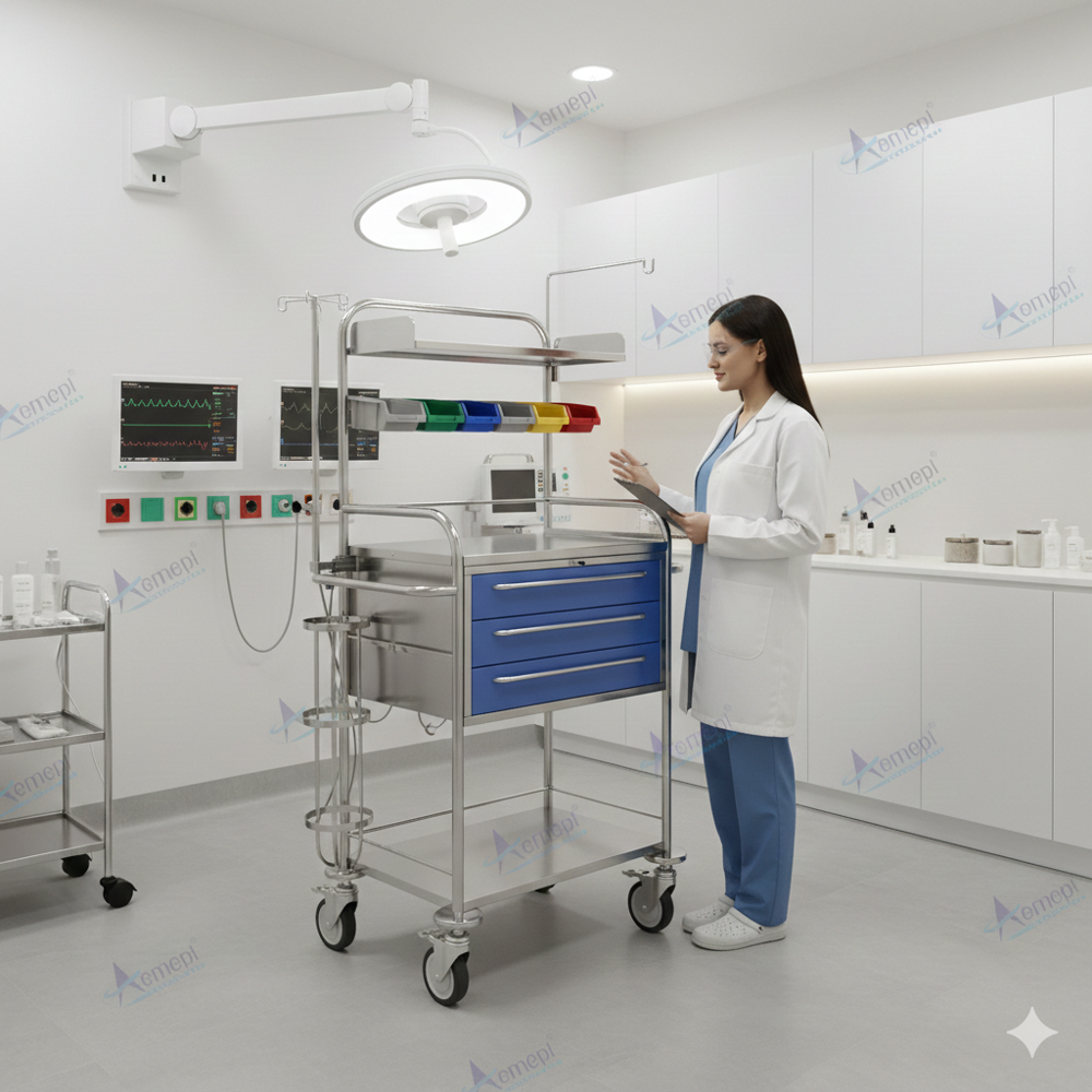 Ss Crash Cart Trolley - 27x15x59 Inch | Durable Ms And Stainless Steel, Casters With Brake, Powder Coated Finish, Standard Frame Design For Hospitals And Clinics
