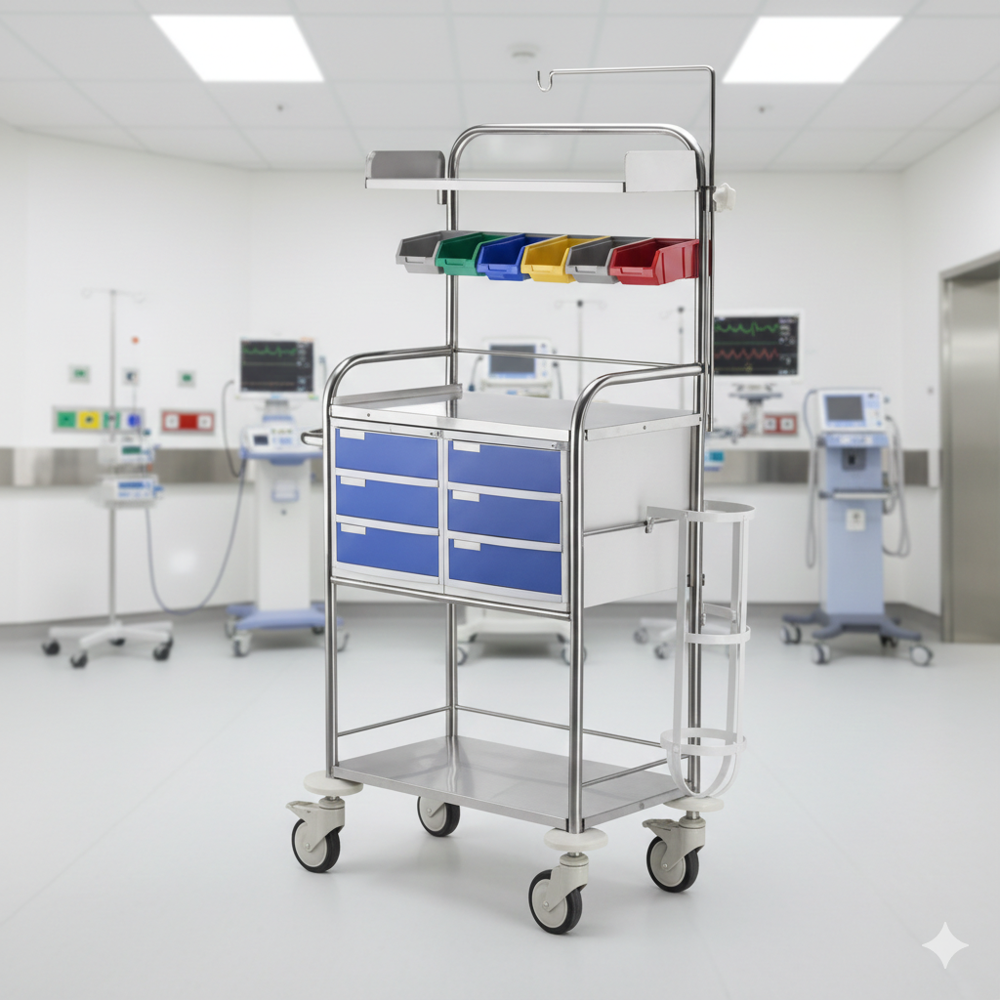 Ss Crash Cart Trolley - 27x15x59 Inch | Durable Ms And Stainless Steel, Casters With Brake, Powder Coated Finish, Standard Frame Design For Hospitals And Clinics