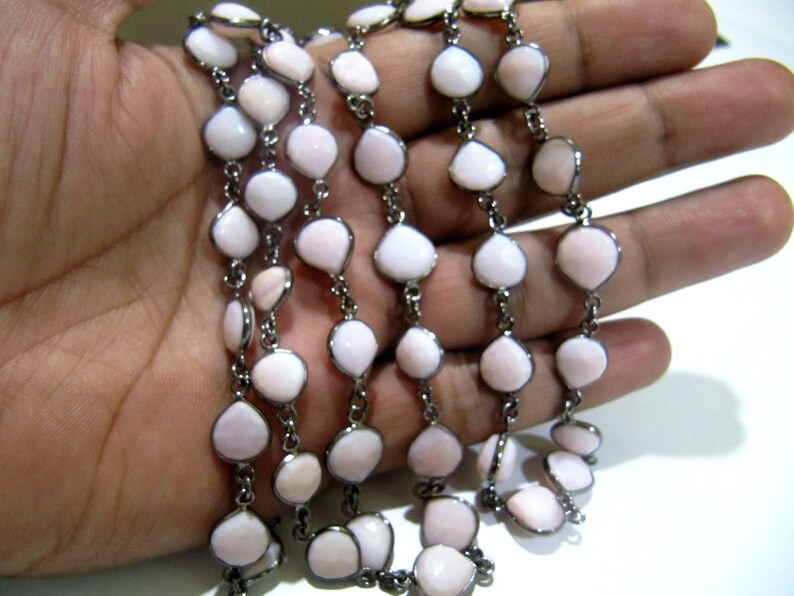 Natural Pink Opal Heart Shape Briolette Faceted Size 10mm to 11mm Bezel Connector Black Oxidised Plated Chain