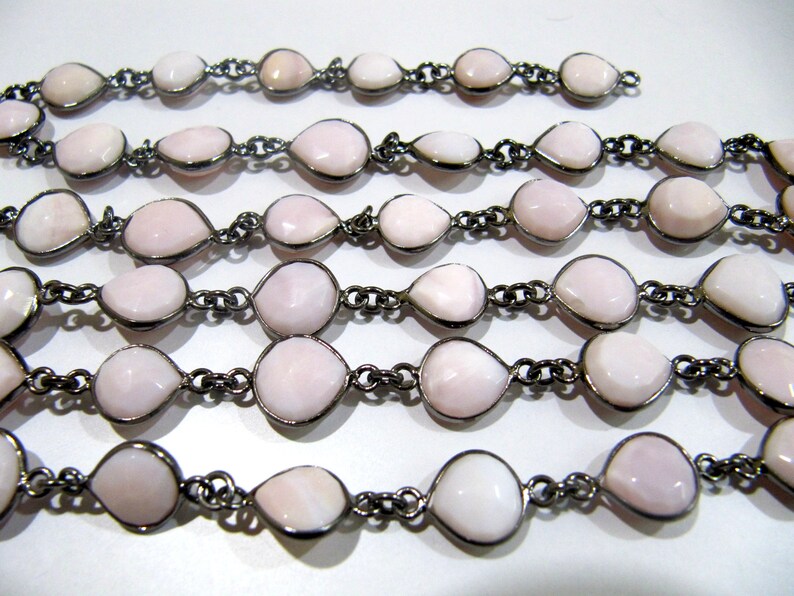 Natural Pink Opal Heart Shape Briolette Faceted Size 10mm to 11mm Bezel Connector Black Oxidised Plated Chain