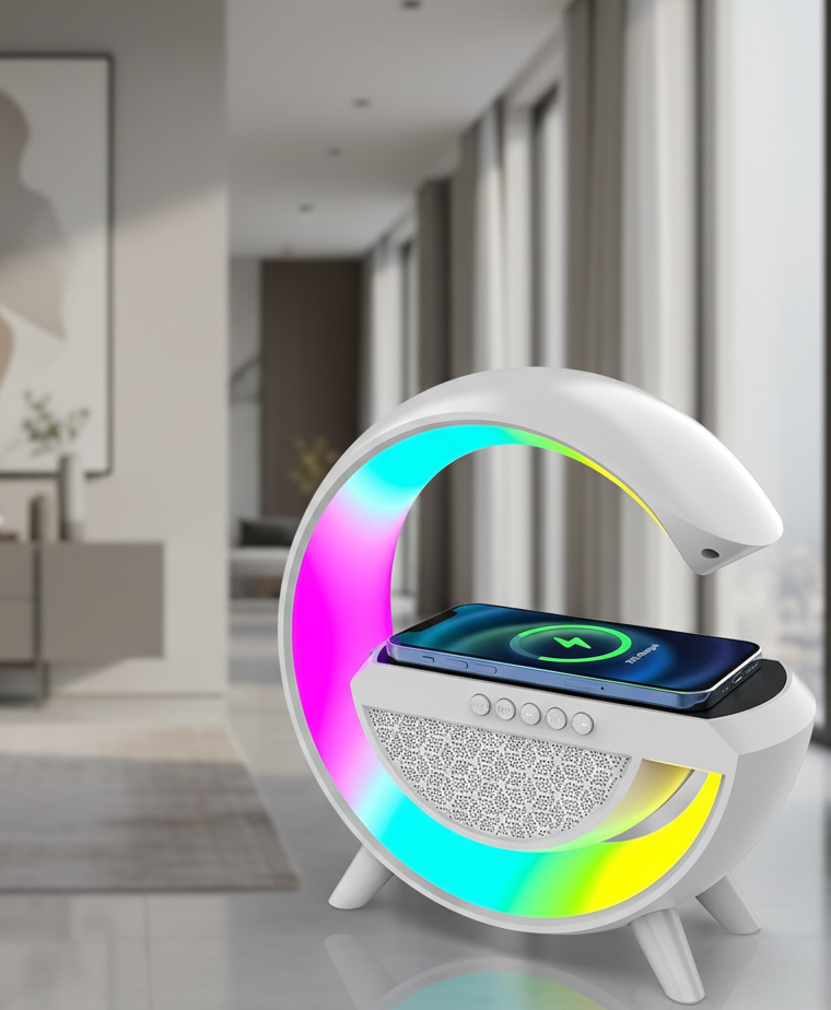 G-Shaped Bluetooth Speaker with 15W Fast Wireless Charger, RGB LED Table Lamp and FM Radio