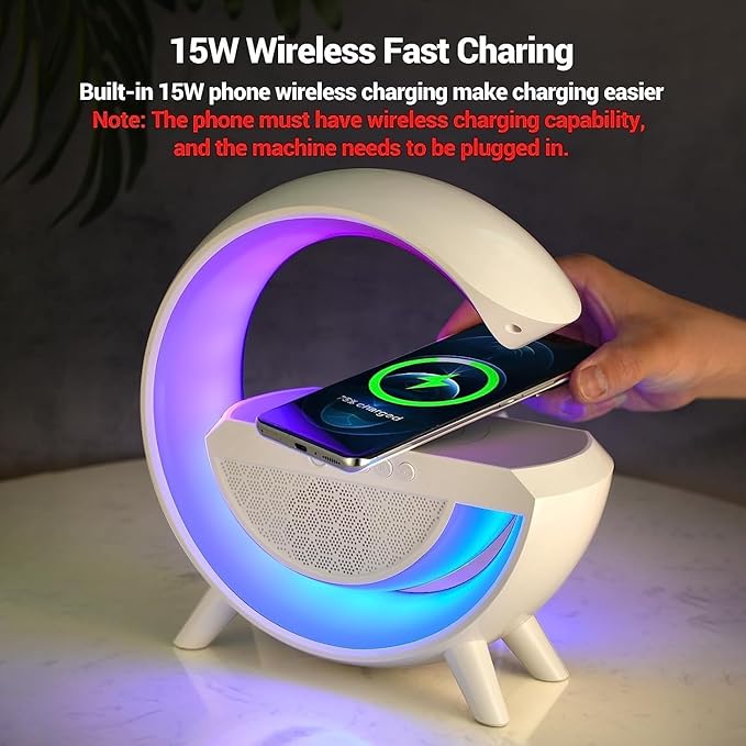 G-Shaped Bluetooth Speaker with 15W Fast Wireless Charger, RGB LED Table Lamp and FM Radio