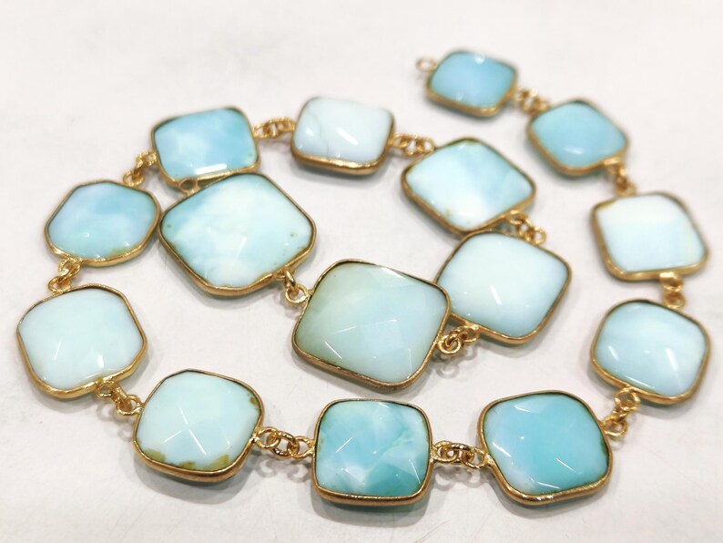 Natural Peruvian Blue Opal Cushion Shape Size 9 to13mm Briolette Faceted Bezel Connector Chain Sold Per Foot 