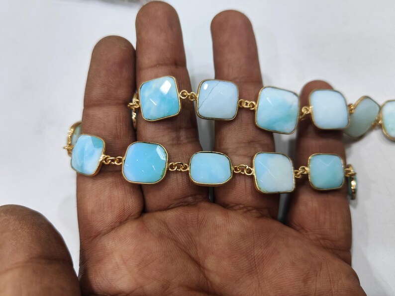 Natural Peruvian Blue Opal Cushion Shape Size 9 to13mm Briolette Faceted Bezel Connector Chain Sold Per Foot 
