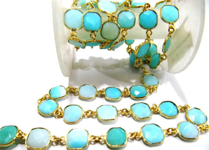 Natural Peruvian Blue Opal Cushion Shape Size 9 to13mm Briolette Faceted Bezel Connector Chain Sold Per Foot 