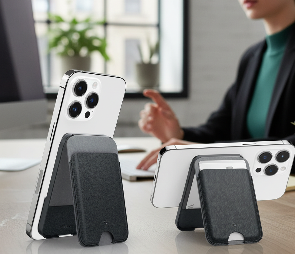 Magnetic Vegan Leather Card Holder Wallet with Adjustable Foldable Kickstand for Smartphones
