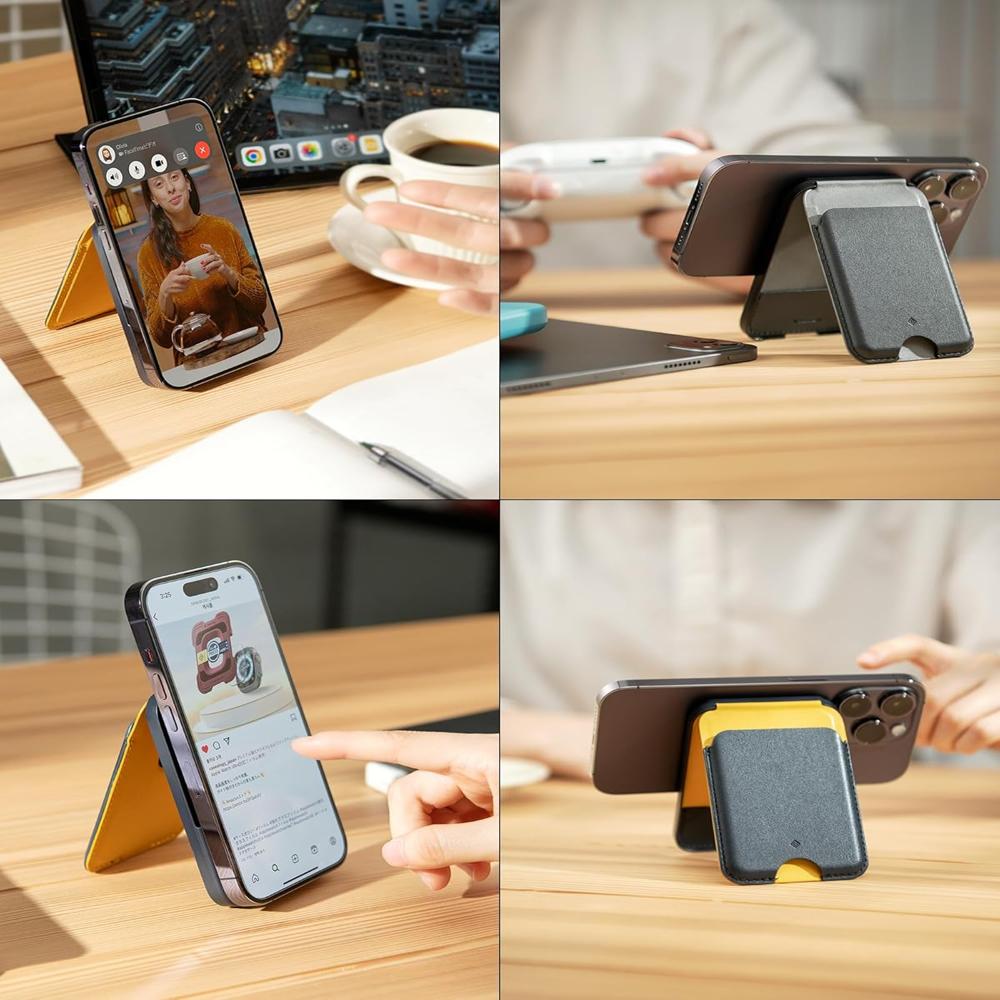 Magnetic Vegan Leather Card Holder Wallet with Adjustable Foldable Kickstand for Smartphones