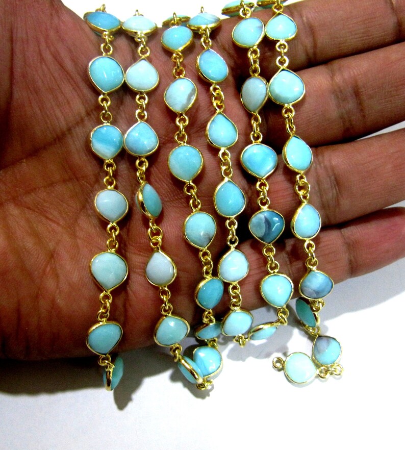 Natural Blue Opal Heart Shape Briolette Faceted Size 10mm to 11mm Bezel Connector Chain