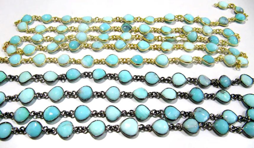 Natural Blue Opal Heart Shape Briolette Faceted Size 10mm to 11mm Bezel Connector Chain