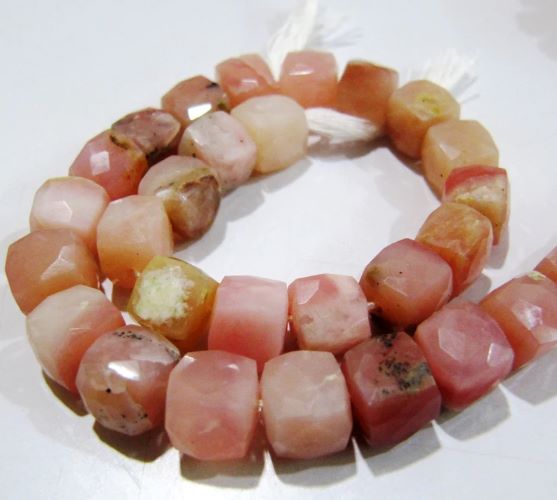 Genuine Pink Opal Cube Shape Beads / Faceted 3D Box Beads / Strand 8 inch long / 7 to 8mm Size Beads