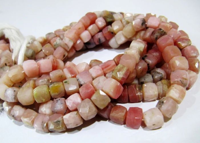 Genuine Pink Opal Cube Shape Beads / Faceted 3D Box Beads / Strand 8 inch long / 7 to 8mm Size Beads