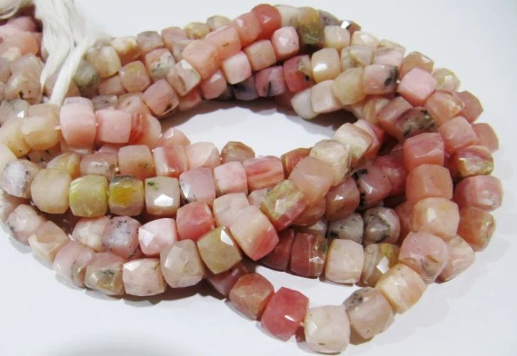 Genuine Pink Opal Cube Shape Beads / Faceted 3D Box Beads / Strand 8 inch long / 7 to 8mm Size Beads