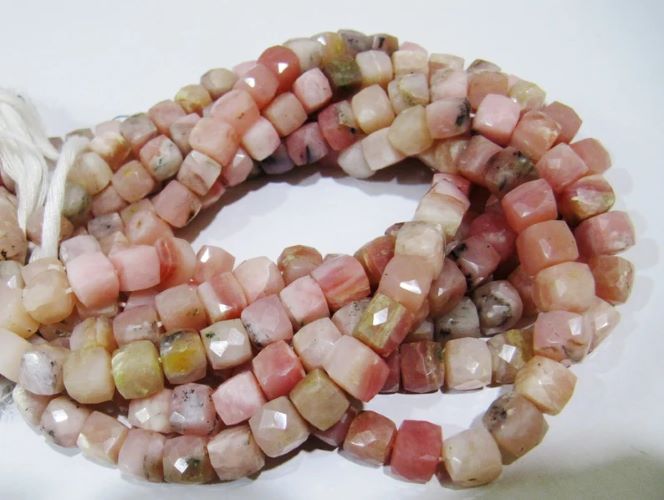 Genuine Pink Opal Cube Shape Beads / Faceted 3D Box Beads / Strand 8 inch long / 7 to 8mm Size Beads