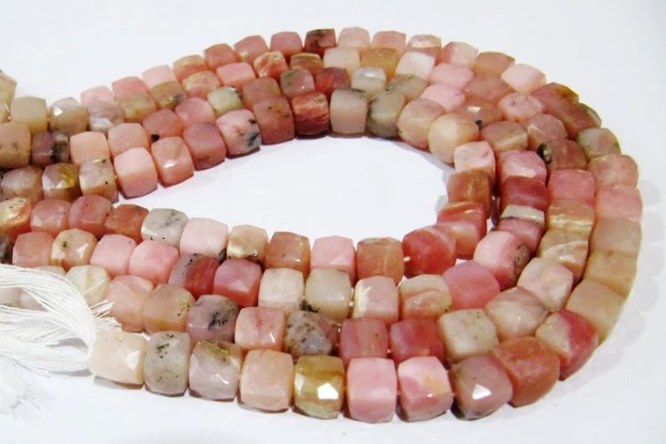Genuine Pink Opal Cube Shape Beads / Faceted 3D Box Beads / Strand 8 inch long / 7 to 8mm Size Beads