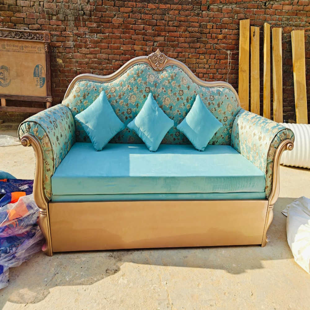 Luxury 3-Seater Teak Wood Sofa-Cum-Bed with Golden Finish