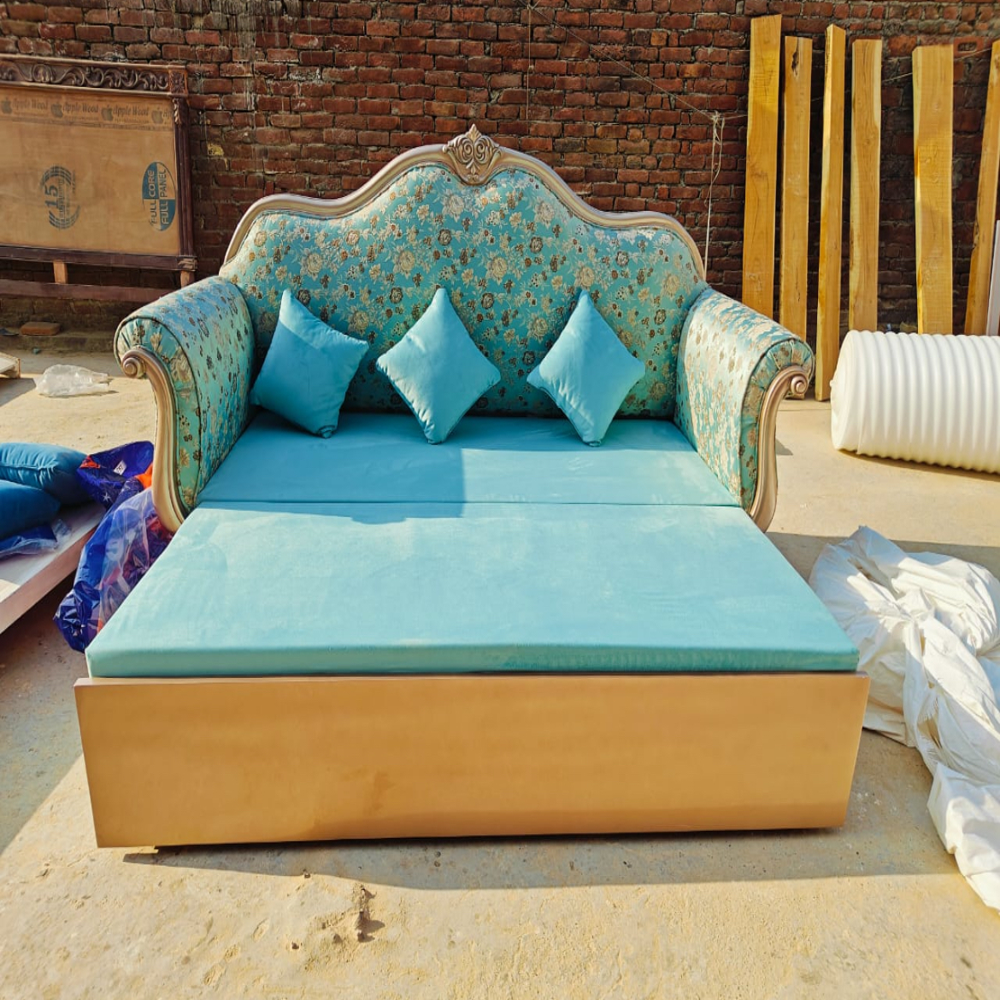 Luxury 3-Seater Teak Wood Sofa-Cum-Bed with Golden Finish