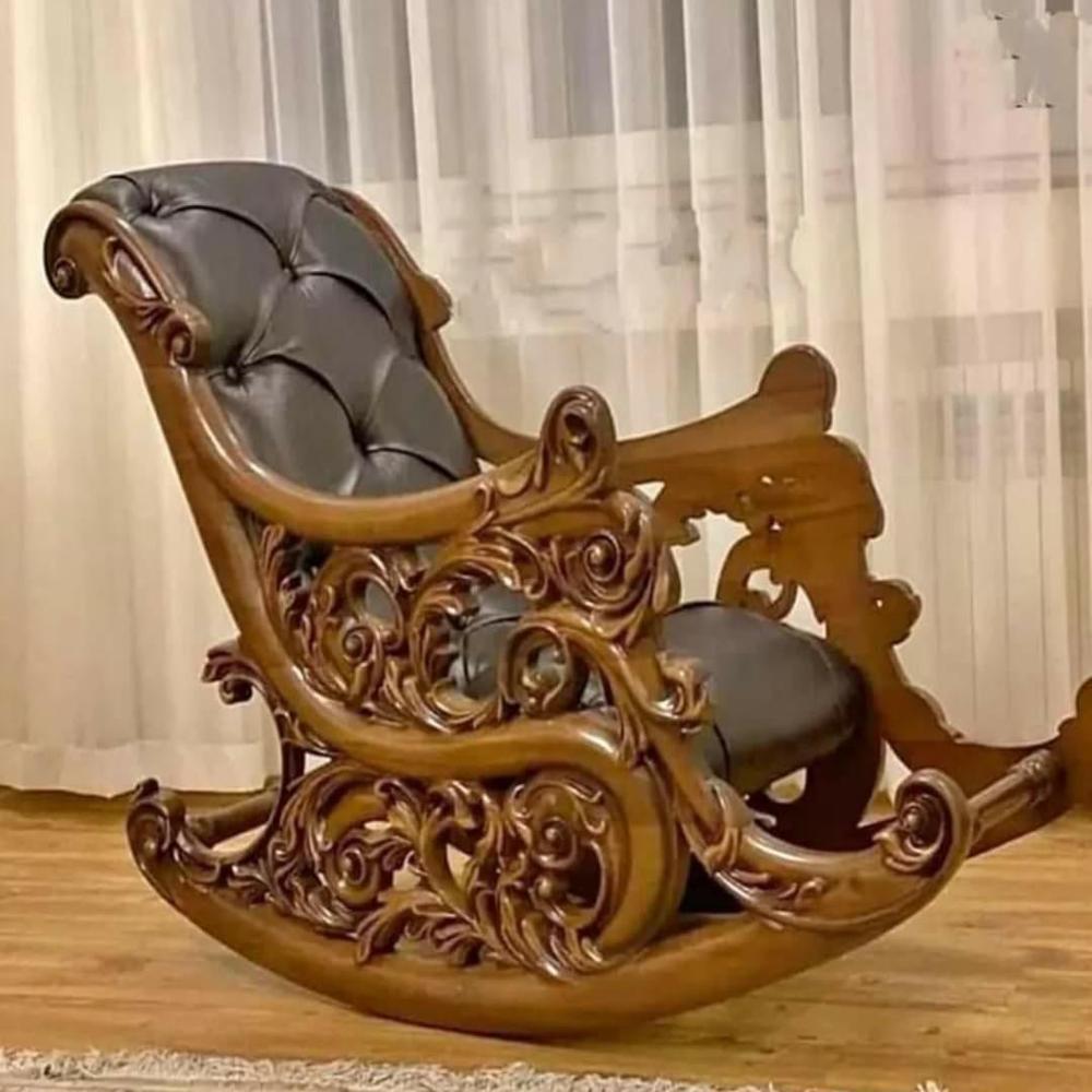 Premium Hand-Carved Teak Wood Rocking Chair - Ergonomic Relaxing Chair with Natural Finish by Elegant Wood Art