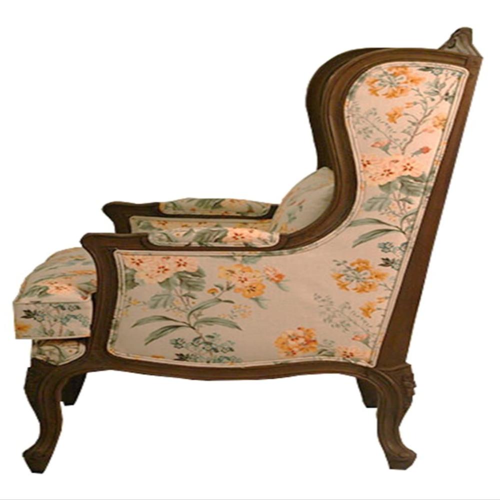 Luxury Hand-Carved Teak Wood Bedroom Chair - Walnut Finish with Floral Upholstery by Elegant Wood Art