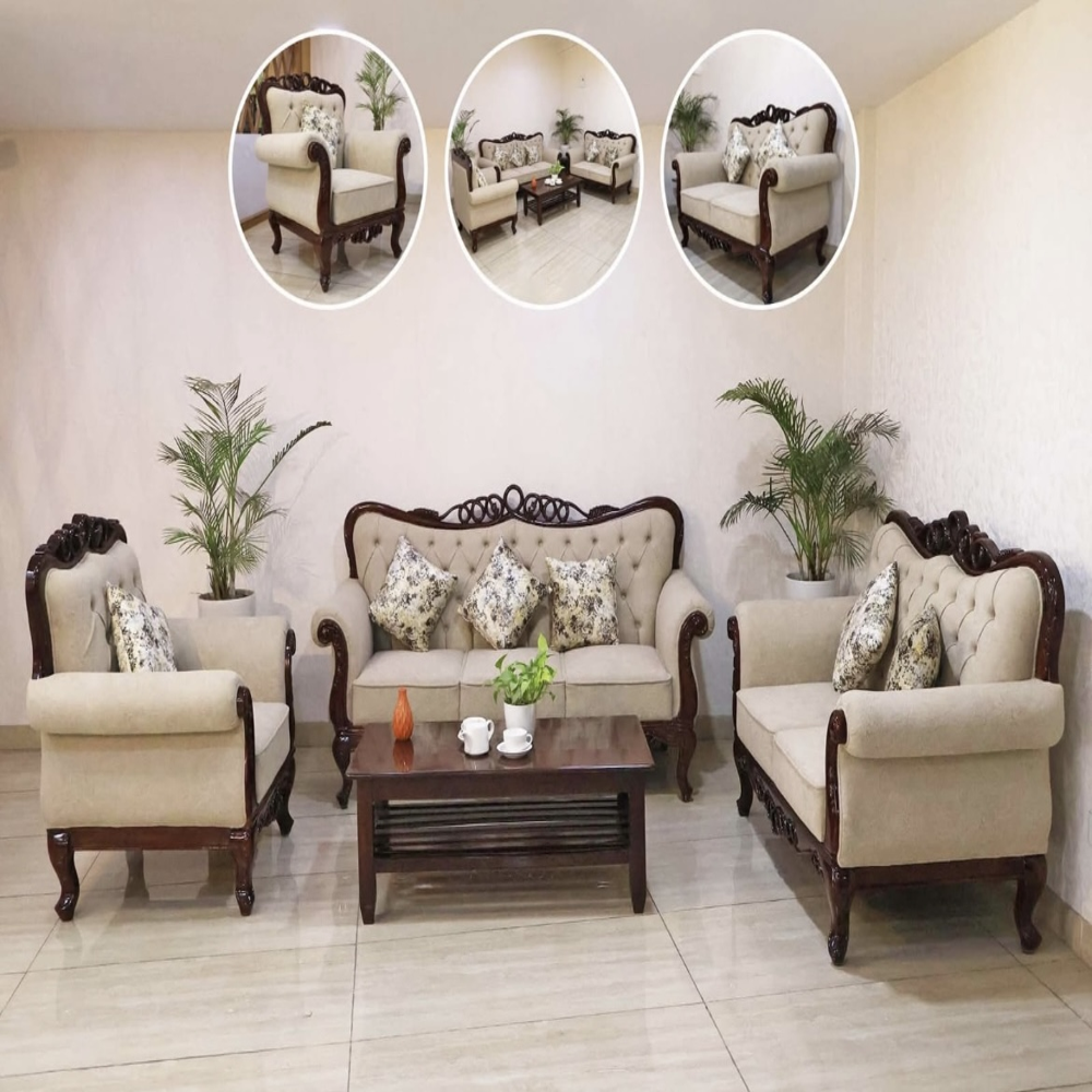 Luxury Hand-Carved Teak Wood Sofa Set in Premium Walnut Finish - Bespoke Seating by Elegant Wood Art