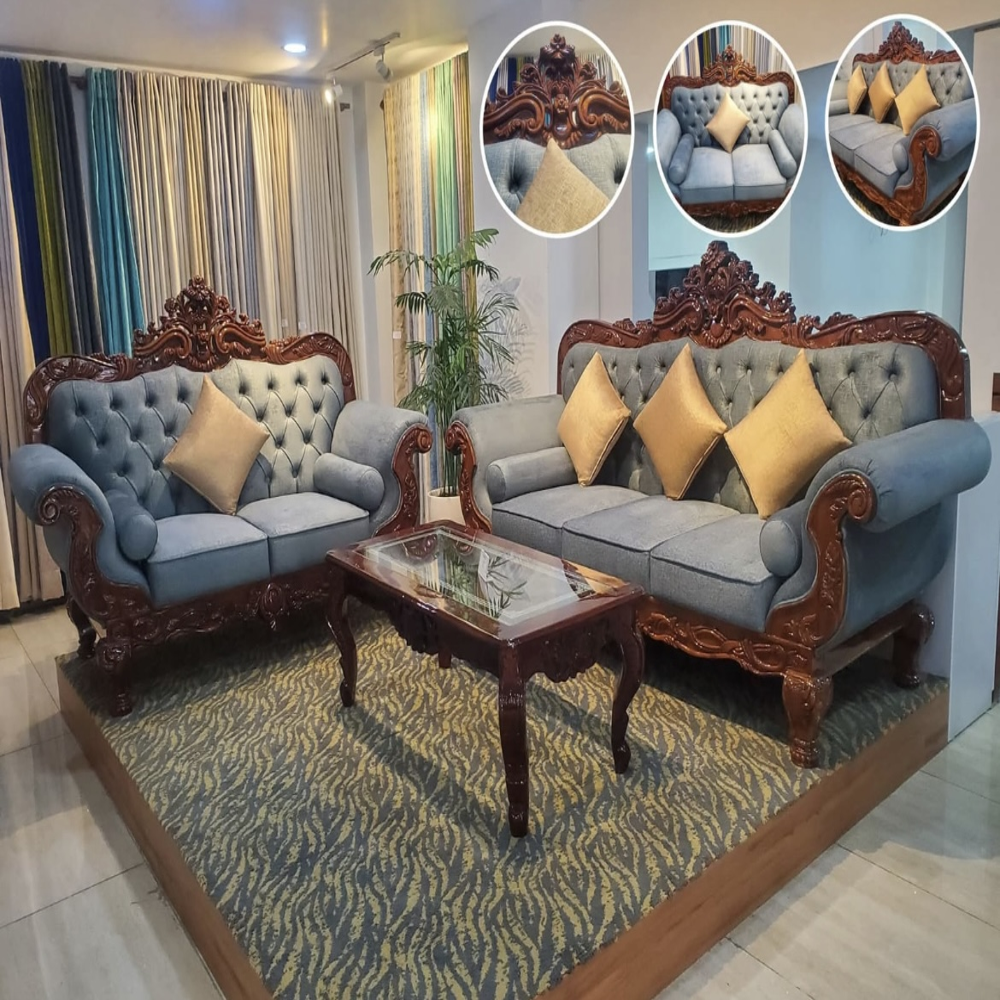 Luxury Hand-Carved Teak Wood Sofa Set in Premium Walnut Finish - Bespoke Seating by Elegant Wood Art