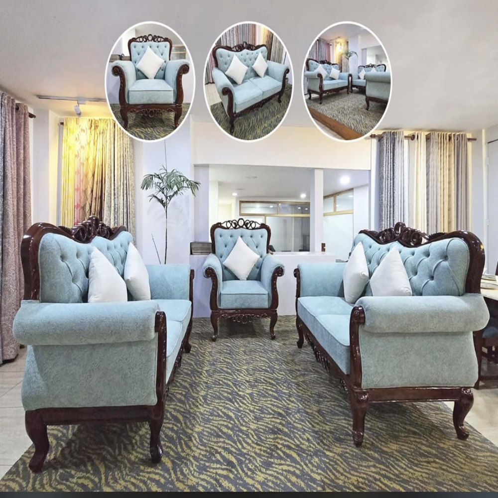 Luxury Hand-Carved Teak Wood Sofa Set in Premium Walnut Finish - Bespoke Seating by Elegant Wood Art