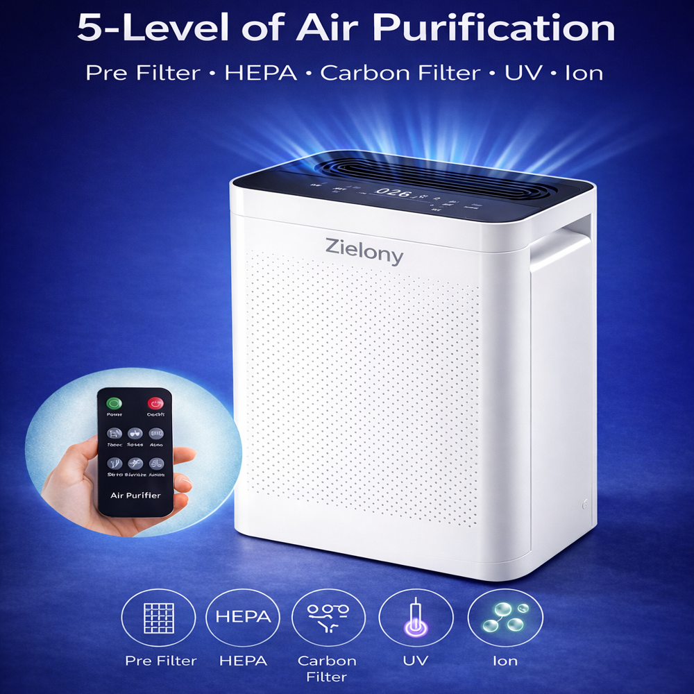 Zielony Air Purifier Zap5402602 For Home & Office || Cleans Upto 540 Sq. Ft || 5-In-1, Pre-Filter + H13 Hepa + Activated Carbon + Uv + Negative Ion || Removes 99.99% Pollutants || 1-Year Onsite Warranty - Automatic Grade: Full Automatic