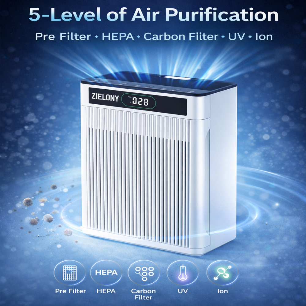 Zielony Air Purifier ZAP9502601 for Home & Office || Cleans Upto 950 Sq. Ft || 5-in-1, Pre-Filter + H13 HEPA + Activated Carbon + UV + Negative Ion || Removes 99.99% Pollutants || 1-year Onsite Warranty