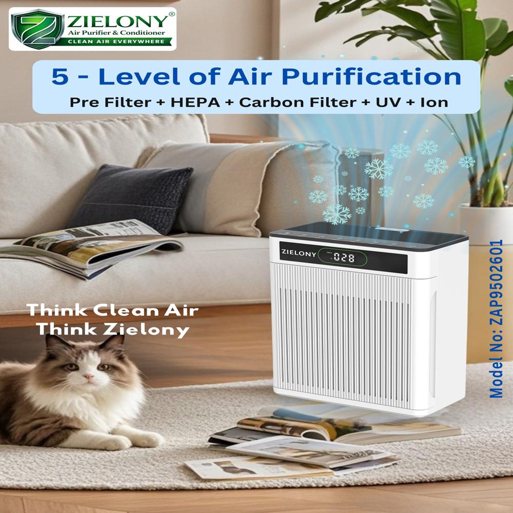 Zielony Air Purifier ZAP9502601 for Home & Office || Cleans Upto 950 Sq. Ft || 5-in-1, Pre-Filter + H13 HEPA + Activated Carbon + UV + Negative Ion || Removes 99.99% Pollutants || 1-year Onsite Warranty