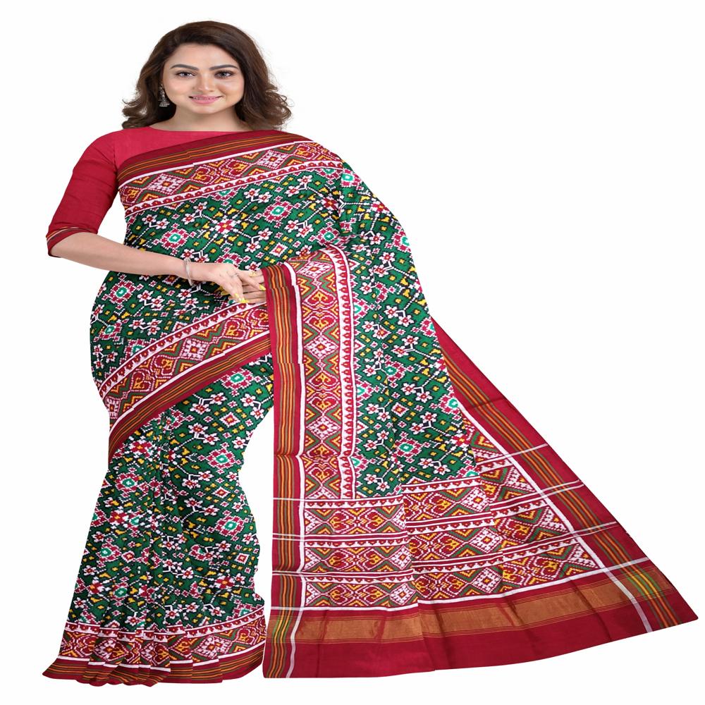 Navratna Green With Red Double Ikkat Patola Saree - Fabric Type: Art Silk