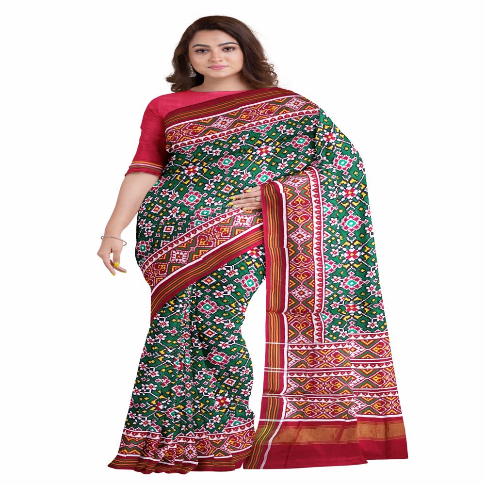 Navratna Green With Red Double Ikkat Patola Saree