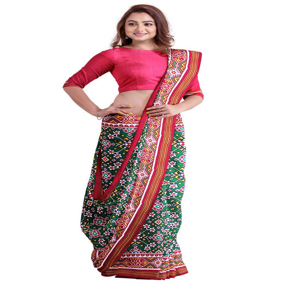 Navratna Green With Red Double Ikkat Patola Saree