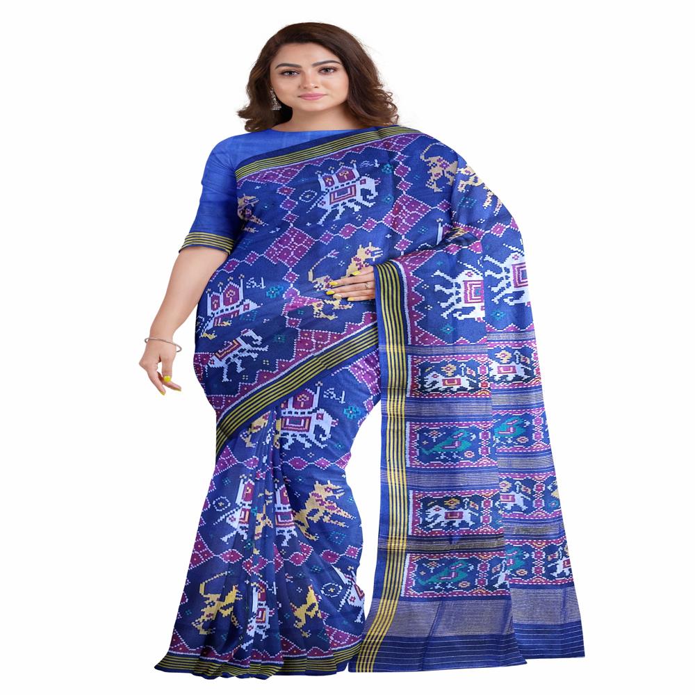 Elephant Cheetah Navy Blue Patola Saree