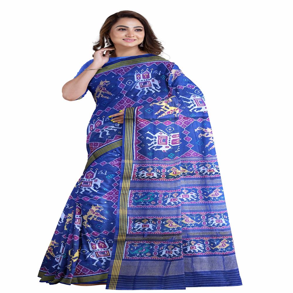 Elephant Cheetah Navy Blue Patola Saree