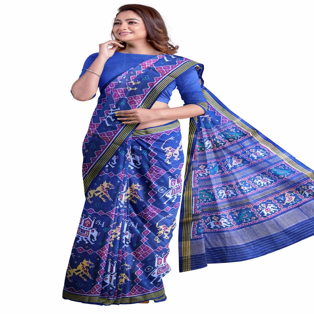 Elephant Cheetah Navy Blue Patola Saree