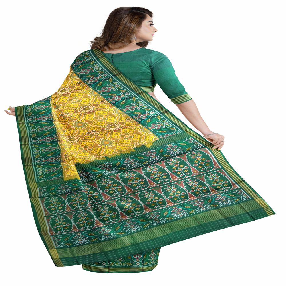 Manekchowk Yellow With Green Semi Double Ikkat Patola - Fabric Type: Art Silk