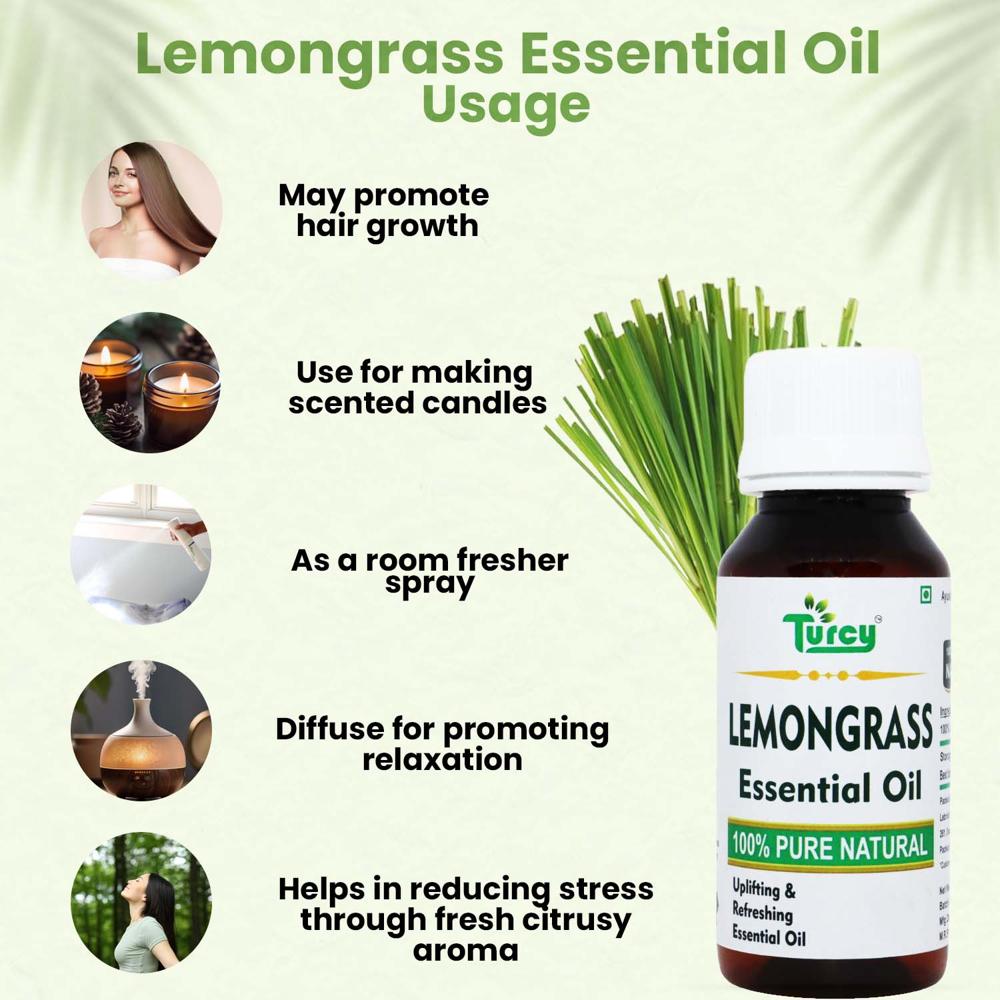 Turcy Pure & Natural Lemongrass Essential Oil | Promotes Hair Growth, Glowing Skin & Relaxation(30ml)