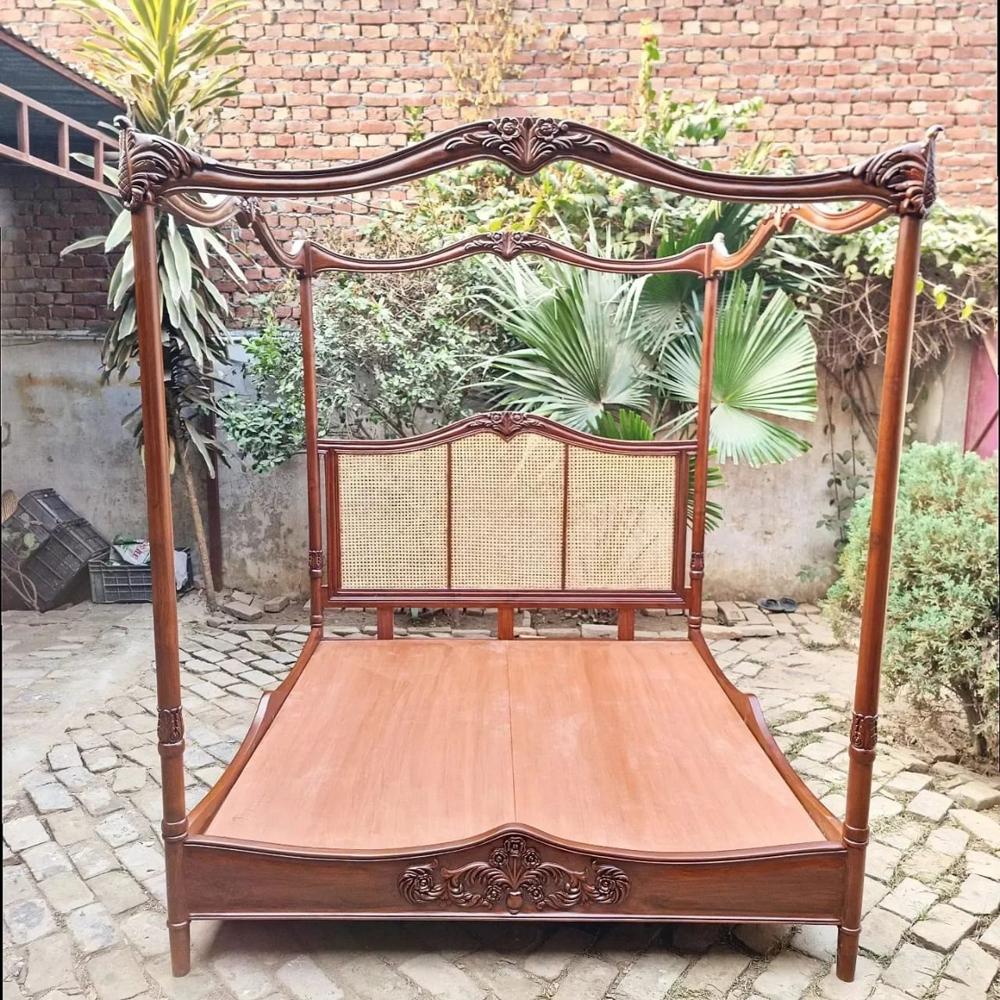 Royal Hand-Carved Teak Wood Poster Bed with Mosquito Net Canopy