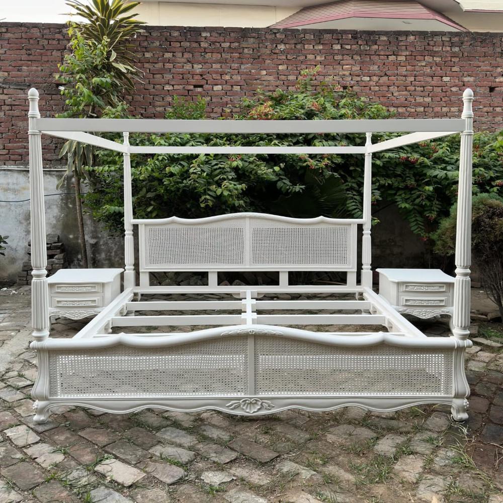 Royal Hand-Carved Teak Wood Poster Bed with Mosquito Net Canopy