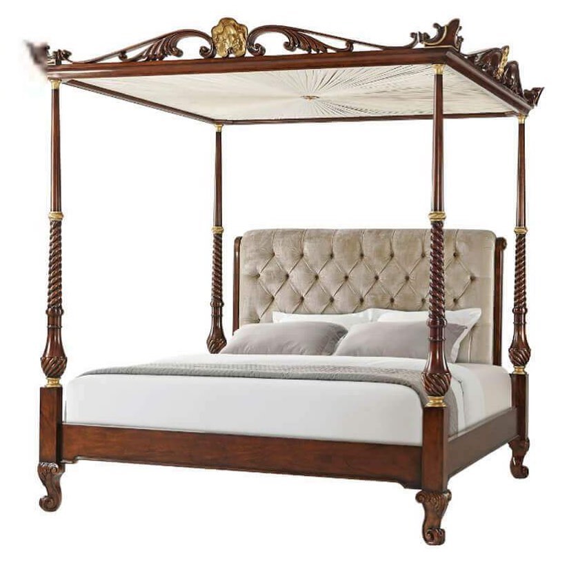 Royal Hand-Carved Teak Wood Poster Bed with Mosquito Net Canopy