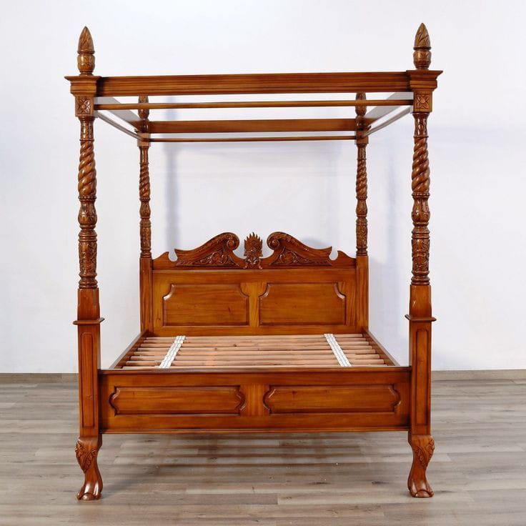Royal Hand-Carved Teak Wood Poster Bed with Mosquito Net Canopy