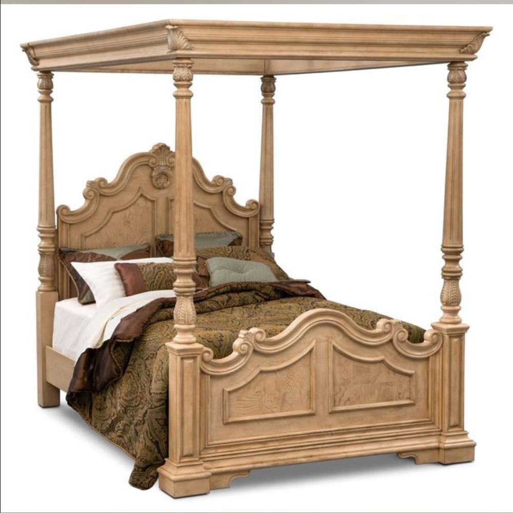 Royal Hand-Carved Teak Wood Poster Bed with Mosquito Net Canopy