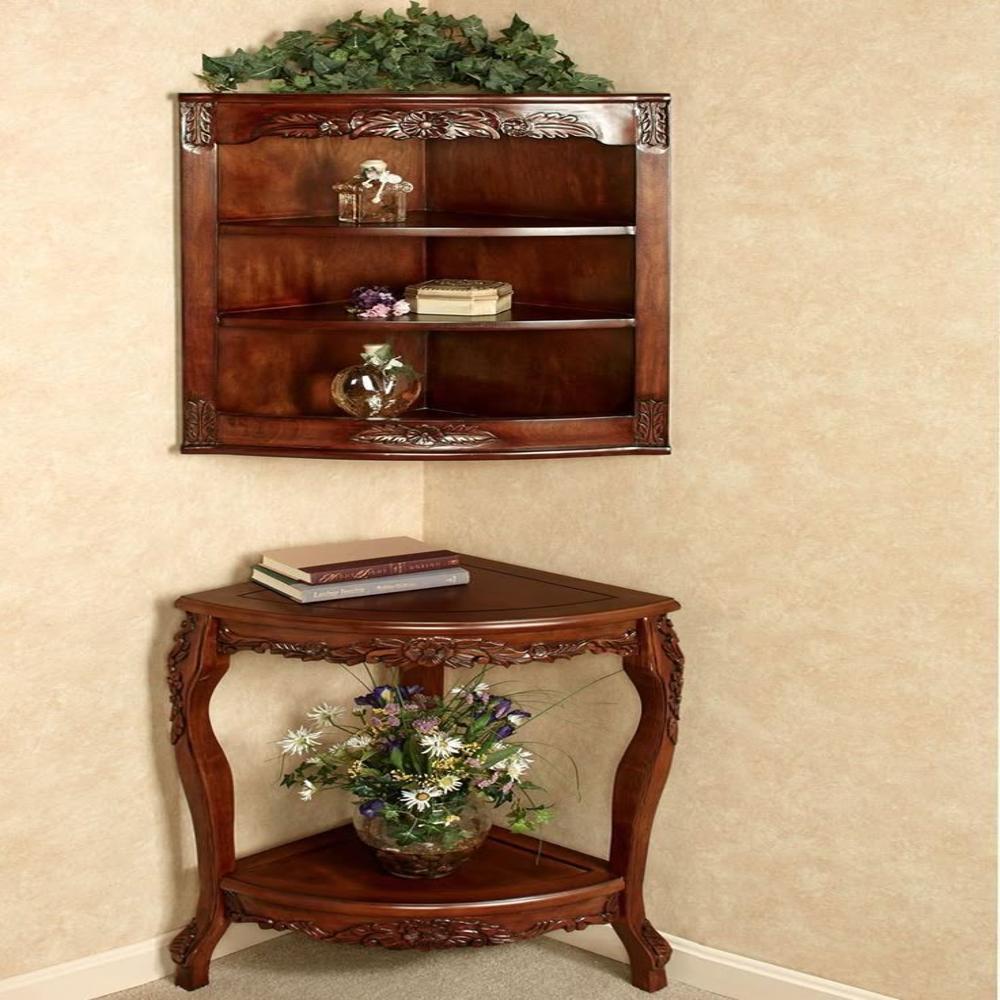 Luxury Hand-carved Teak Wood Corner Table With Integrated Storage Frame - Color: Walnut Finish