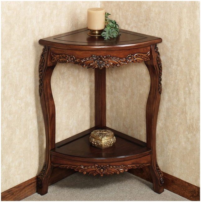 Luxury Hand-Carved Teak Wood Corner Table with Integrated Storage Frame