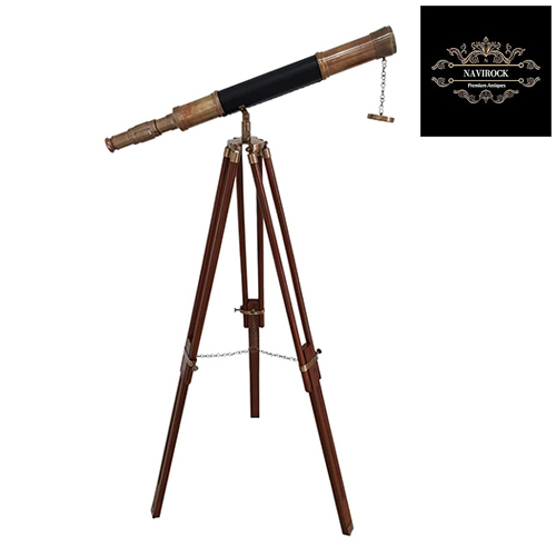 Black Leather Single Barrel Vintage Floor Standing Telescope