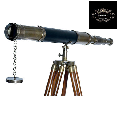 Black Leather Single Barrel Vintage Floor Standing Telescope
