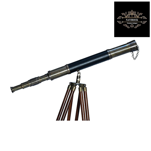 Black Leather Single Barrel Vintage Floor Standing Telescope
