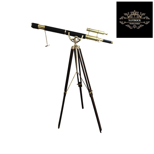 Vintage Double Barrel Black Leather Shiny Brass Finish Telescope