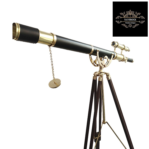 Vintage Double Barrel Black Leather Shiny Brass Finish Telescope
