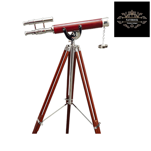 Vintage Brass Double Barrel Nautical Telescope With Wooden Stand